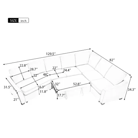 129.5 Sectional Sleeper Sofa With Pull Out Bed Modern L Shape Couch Bed With Usb Charging Port For Living Room, Bedroom 34