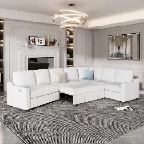 129.5" Sectional Sleeper Sofa with Pull-Out Bed Modern L-Shape Couch Bed with USB Charging Port for Living room, Bedroom