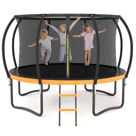 14FT Outdoor Big Trampoline With Inner Safety Enclosure Net, Ladder, PVC Spring Cover Padding, For Kids, Black&Orange Color