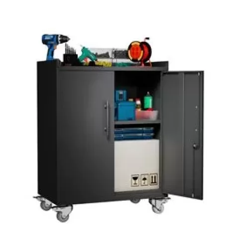 2 Door Tool Cabinets for Garage, Lockable Garage Storage Cabinet, Locking Metal Storage Cabinet with Wheels, Rolling Tool Chest, Assembly Required