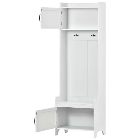 Modern Style 4-in-1 Multiple Functions Hallway Coat Rack with Seven Metal Black Hooks, Entryway Bench Hall Tree with Ample Storage Drawer