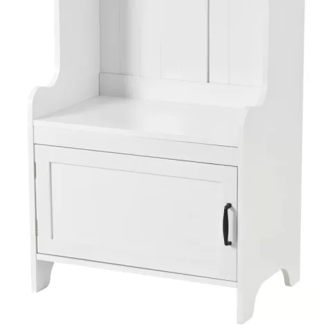 Modern Style 4-in-1 Multiple Functions Hallway Coat Rack with Seven Metal Black Hooks, Entryway Bench Hall Tree with Ample Storage Drawer