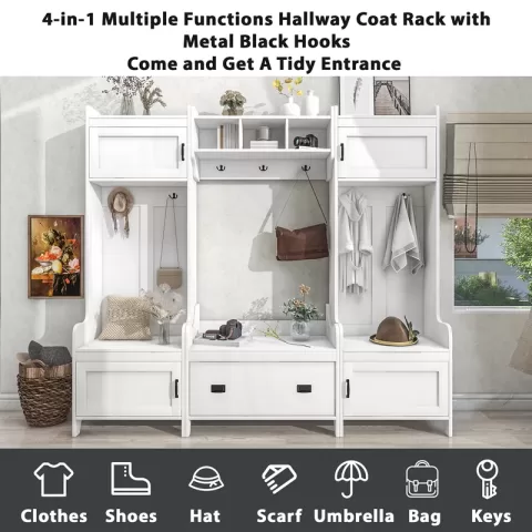 Modern Style 4-in-1 Multiple Functions Hallway Coat Rack with Seven Metal Black Hooks, Entryway Bench Hall Tree with Ample Storage Drawer