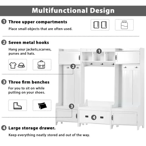 Modern Style 4-in-1 Multiple Functions Hallway Coat Rack with Seven Metal Black Hooks, Entryway Bench Hall Tree with Ample Storage Drawer