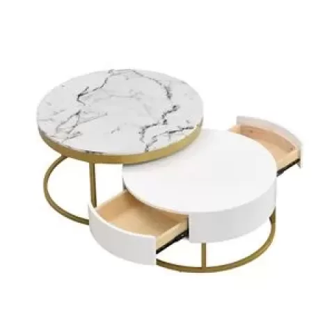 Modern Round Beautiful Nesting Coffee Table with Drawers in White Book Table Computer Table Marble Surface Living Room Laptop Table Anti-Slip