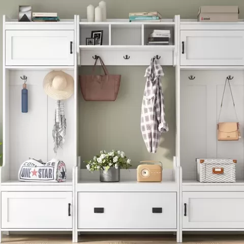 Modern Style 4-in-1 Multiple Functions Hallway Coat Rack with Seven Metal Black Hooks, Entryway Bench Hall Tree with Ample Storage Drawer