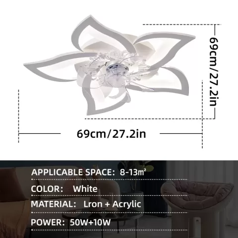 27in Ceiling Fan With Lights Remote Contro Dimmable Led,6 Gear Wind Speed Fan Light 6