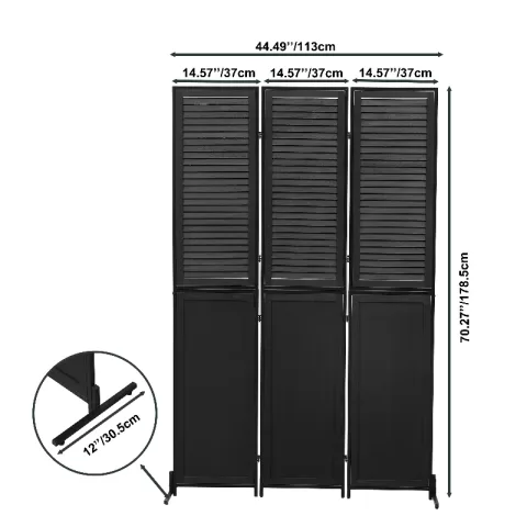 3 Panel Room Divider 6Ft Wood Folding Screen Black Room Separator Free Standing Wall Dividers