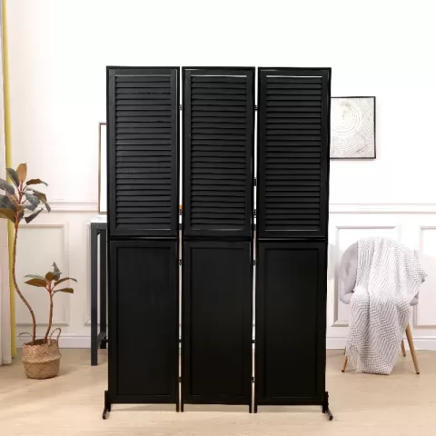 3 Panel Room Divider 6Ft Wood Folding Screen Black Room Separator Free Standing Wall Dividers