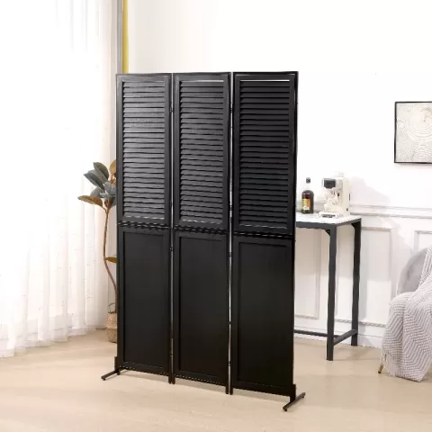 3 Panel Room Divider 6Ft Wood Folding Screen Black Room Separator Free Standing Wall Dividers