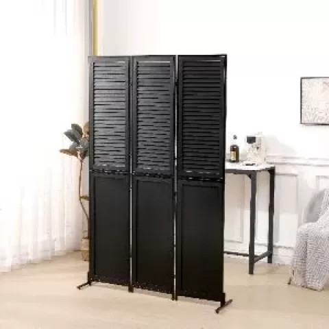 3 Panel Room Divider 6Ft Wood Folding Screen Black Room Separator Free Standing Wall Dividers