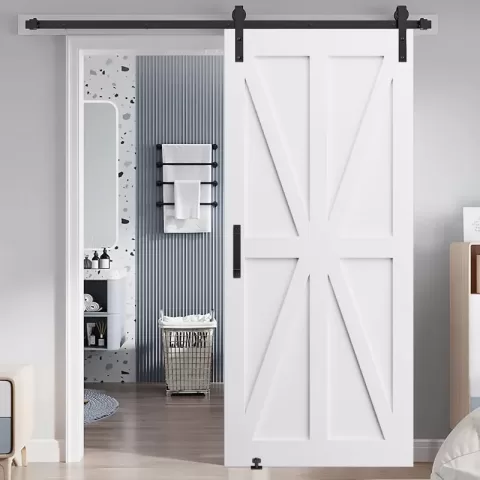 36 X 80 Star Style Real Primed Door Slab + 6.6ft Barn Door Sliding Hardware + Adjustable Floor Guider + Pull Handle, Diy Unfinished Paneled Door, Modern Interior Barn Door 12