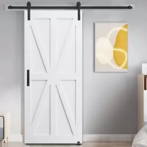 36" x 80" Star Style Real Primed Door Slab + 6.6FT Barn Door Sliding Hardware + Adjustable Floor Guider + Pull Handle, DIY Unfinished Paneled Door