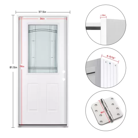 37.5inx81.5in Right Hand Inswing Decorative Glass Zinc Caming Fiber Glass Prehung Entry Door 4