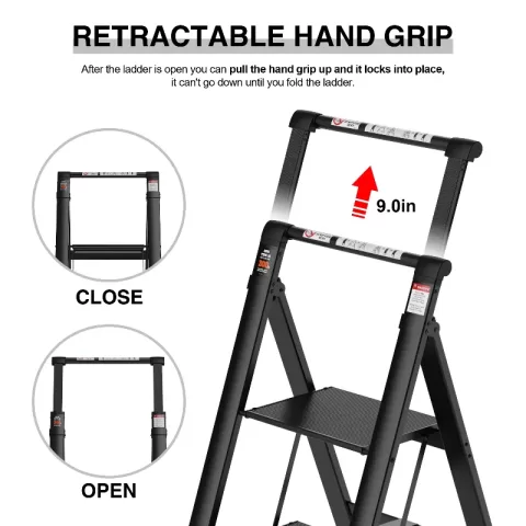 4 Step Ladder, Retractable Handgrip Folding Step Stool With Anti Slip Wide Pedal, Aluminum Step Ladders 4 Steps, 300lbs Safety Household Ladder 5