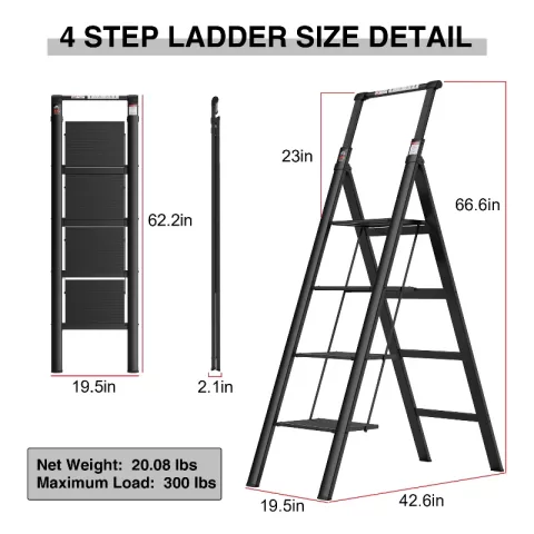 4 Step Ladder, Retractable Handgrip Folding Step Stool With Anti Slip Wide Pedal, Aluminum Step Ladders 4 Steps, 300lbs Safety Household Ladder 7