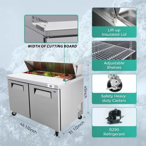 48 In Commercial Refrigerators Sandwich&salad Prep Table With A Butcher Block Cutting Board, Protection Lid, Cold Storage, Etl Certified 1