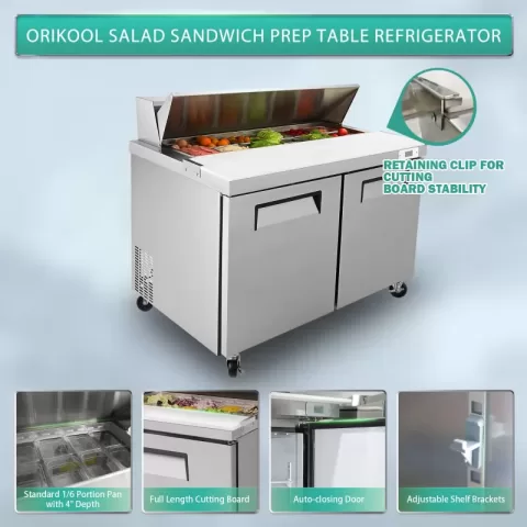 48 In Commercial Refrigerators Sandwich&salad Prep Table With A Butcher Block Cutting Board, Protection Lid, Cold Storage, Etl Certified 3