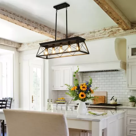 5-Light Farmhouse Chandeliers for Dining Room, Metal Rustic Pendant Island Light Fixture, Modern Rectangular Island Lights for Kitchen