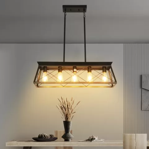 5-Light Farmhouse Chandeliers for Dining Room, Metal Rustic Pendant Island Light Fixture, Modern Rectangular Island Lights for Kitchen
