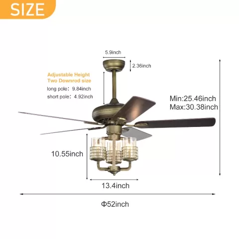 52inch Bronze Metal 3 Lights Ceiling Fan With 5 Wood Blades, Two Color Fan Blade, Ac Motor, Remote Control, Reversible Airflow, Multi Speed, Adjustable Height, Traditional 16