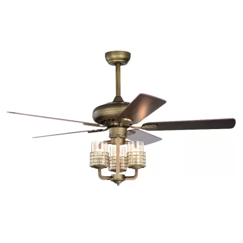 52inch Bronze Metal 3 Lights Ceiling Fan With 5 Wood Blades, Two Color Fan Blade, Ac Motor, Remote Control, Reversible Airflow, Multi Speed, Adjustable Height, Traditional 22