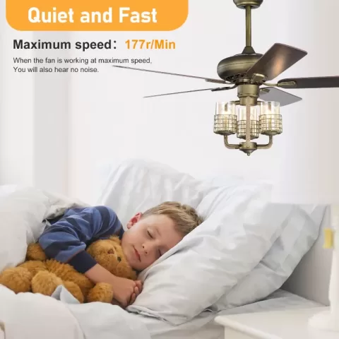 52inch Bronze Metal 3 Lights Ceiling Fan With 5 Wood Blades, Two Color Fan Blade, Ac Motor, Remote Control, Reversible Airflow, Multi Speed, Adjustable Height, Traditional 4