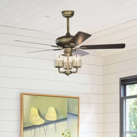 52inch Bronze Metal 3 Lights Ceiling Fan With 5 Wood Blades, Two Color Fan Blade, Ac Motor, Remote Control, Reversible Airflow, Multi Speed, Adjustable Height, Traditional 9