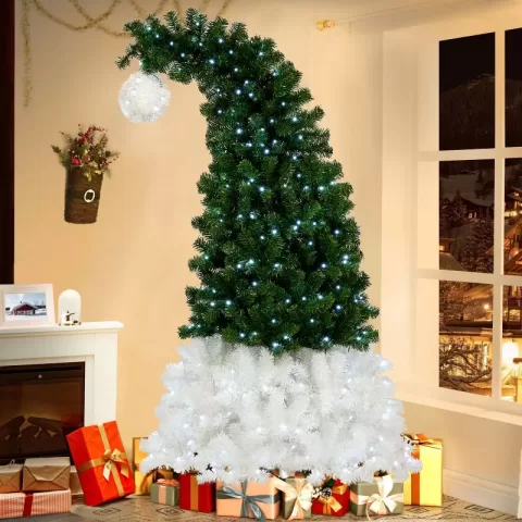6ft Hinged Fir Artificial Fir Bent Top Christmas Tree, Xmas Tree Bendable Santa Hat Style Christmas Tree Holiday Decoration, 1250 Lush Branch Tips, 300 Led Lights X Mas 2