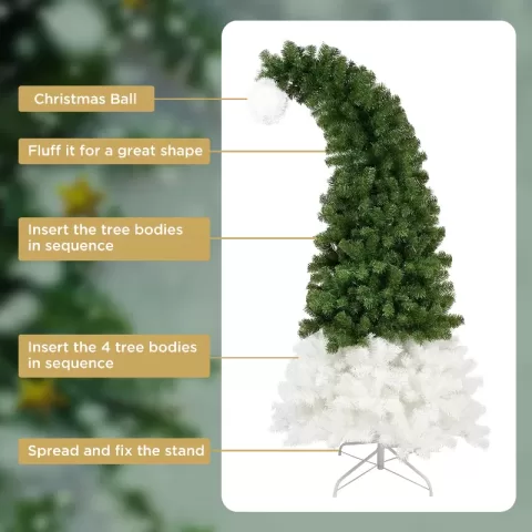 6ft Hinged Fir Artificial Fir Bent Top Christmas Tree, Xmas Tree Bendable Santa Hat Style Christmas Tree Holiday Decoration, 1250 Lush Branch Tips, 300 Led Lights X Mas 8