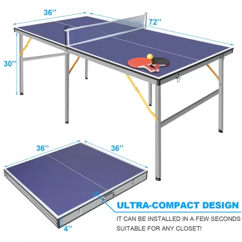 6ft Mid Size Table Tennis Table Foldable & Portable Ping Pong Table Set For Indoor & Outdoor Games With Net, 2 Table Tennis Paddles And 3 Balls 3