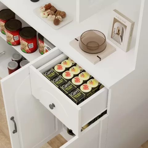 71 Kitchen Pantry Storage Cabinet With Microwave Oven Countertop, Freestanding Hutch Cabinet With Adjustable Shelves, 6 Doors And 1 Drawer White 10