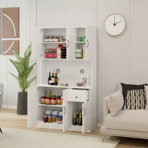 71 Kitchen Pantry Storage Cabinet With Microwave Oven Countertop, Freestanding Hutch Cabinet With Adjustable Shelves, 6 Doors And 1 Drawer White 11