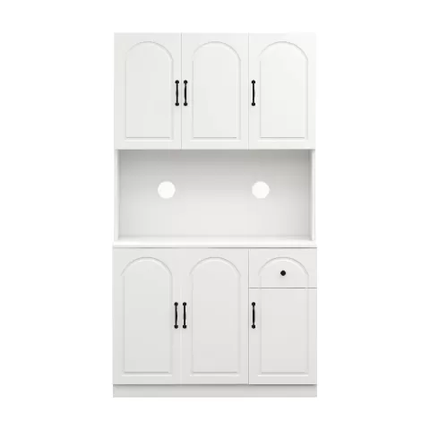 71 Kitchen Pantry Storage Cabinet With Microwave Oven Countertop, Freestanding Hutch Cabinet With Adjustable Shelves, 6 Doors And 1 Drawer White 12