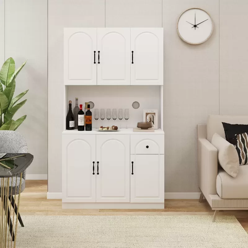 71 Kitchen Pantry Storage Cabinet With Microwave Oven Countertop, Freestanding Hutch Cabinet With Adjustable Shelves, 6 Doors And 1 Drawer White 13