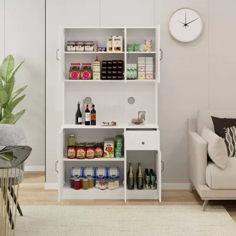 71 Kitchen Pantry Storage Cabinet With Microwave Oven Countertop, Freestanding Hutch Cabinet With Adjustable Shelves, 6 Doors And 1 Drawer White 14