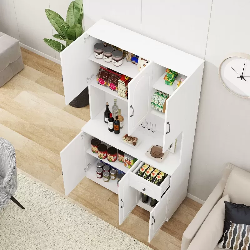71 Kitchen Pantry Storage Cabinet With Microwave Oven Countertop, Freestanding Hutch Cabinet With Adjustable Shelves, 6 Doors And 1 Drawer White 15