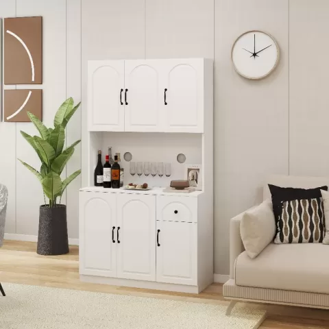 71 Kitchen Pantry Storage Cabinet With Microwave Oven Countertop, Freestanding Hutch Cabinet With Adjustable Shelves, 6 Doors And 1 Drawer White 16