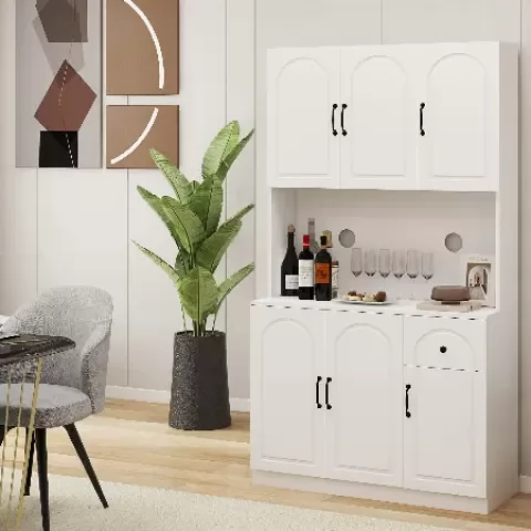 71 Kitchen Pantry Storage Cabinet With Microwave Oven Countertop, Freestanding Hutch Cabinet With Adjustable Shelves, 6 Doors And 1 Drawer White 18