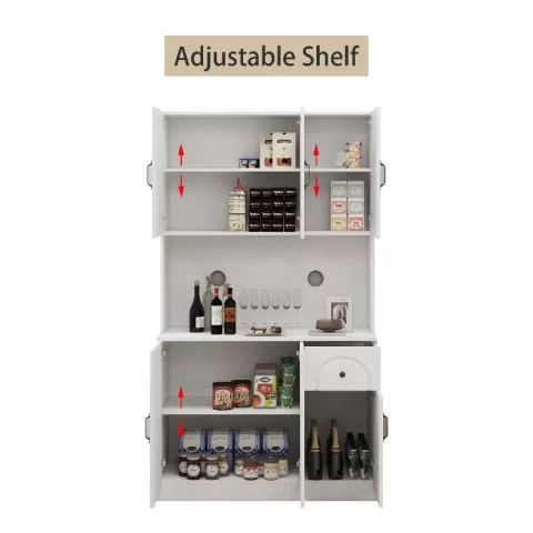 71 Kitchen Pantry Storage Cabinet With Microwave Oven Countertop, Freestanding Hutch Cabinet With Adjustable Shelves, 6 Doors And 1 Drawer White 19