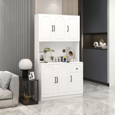 71 Kitchen Pantry Storage Cabinet With Microwave Oven Countertop, Freestanding Hutch Cabinet With Adjustable Shelves, 6 Doors And 1 Drawer White 3