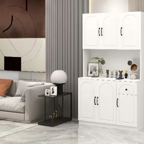 71 Kitchen Pantry Storage Cabinet With Microwave Oven Countertop, Freestanding Hutch Cabinet With Adjustable Shelves, 6 Doors And 1 Drawer White 4