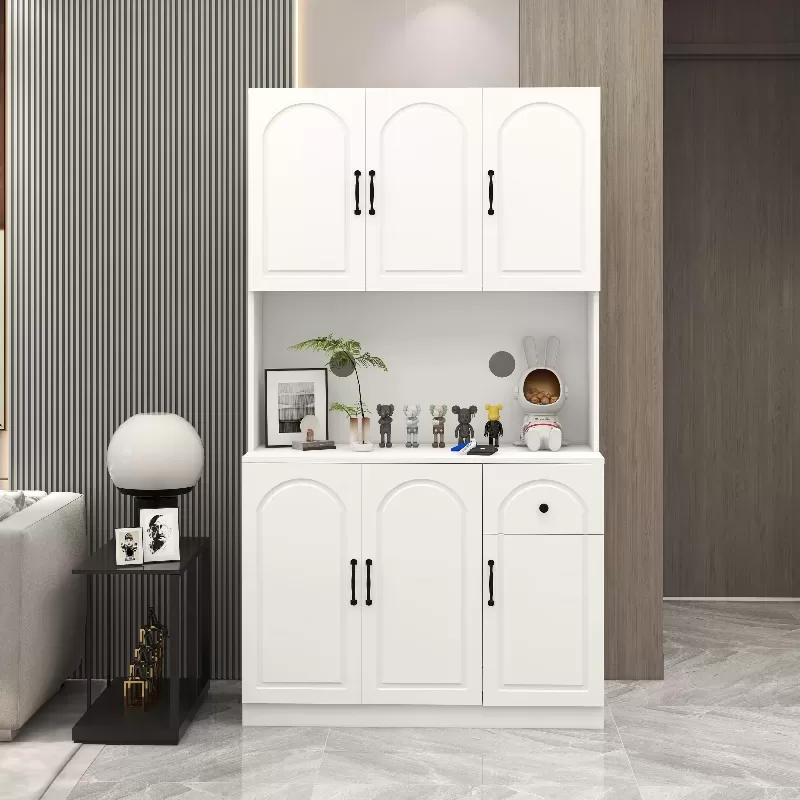 71 Kitchen Pantry Storage Cabinet With Microwave Oven Countertop, Freestanding Hutch Cabinet With Adjustable Shelves, 6 Doors And 1 Drawer White 5