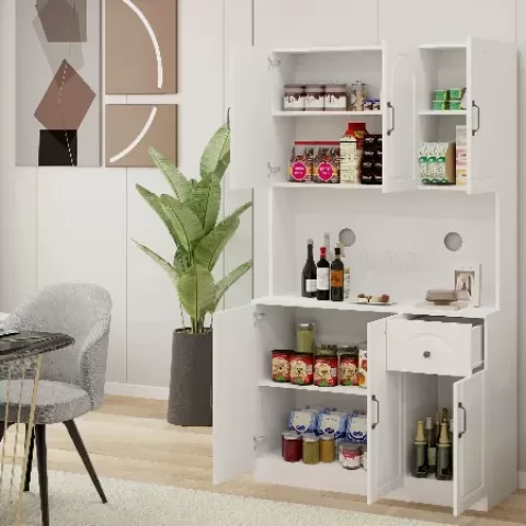 71 Kitchen Pantry Storage Cabinet With Microwave Oven Countertop, Freestanding Hutch Cabinet With Adjustable Shelves, 6 Doors And 1 Drawer White 6