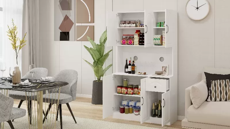 71 Kitchen Pantry Storage Cabinet With Microwave Oven Countertop, Freestanding Hutch Cabinet With Adjustable Shelves, 6 Doors And 1 Drawer White 6