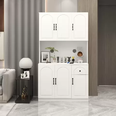 71 Kitchen Pantry Storage Cabinet With Microwave Oven Countertop, Freestanding Hutch Cabinet With Adjustable Shelves, 6 Doors And 1 Drawer White 8