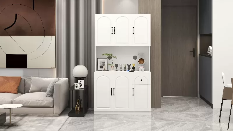 71 Kitchen Pantry Storage Cabinet With Microwave Oven Countertop, Freestanding Hutch Cabinet With Adjustable Shelves, 6 Doors And 1 Drawer White 8