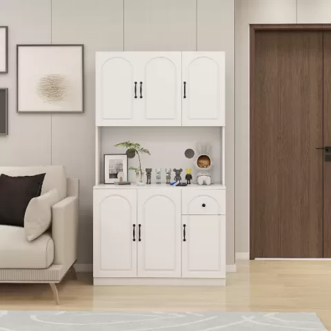 71 Kitchen Pantry Storage Cabinet With Microwave Oven Countertop, Freestanding Hutch Cabinet With Adjustable Shelves, 6 Doors And 1 Drawer White 9