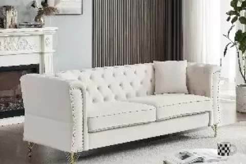 81.8 Chesterfield Sofa Grey Velvet For Living Room, 3 Seater Sofa Tufted Couch With Metal Foot And Nailhead For Living Room, Bedroom, Office, Apartment, Two Pillows