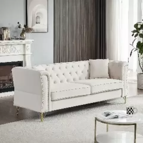 81.8" Chesterfield Sofa Grey Velvet for Living Room, 3 Seater Sofa Tufted Couch with metal foot and Nailhead for Bedroom, Office, Apartment